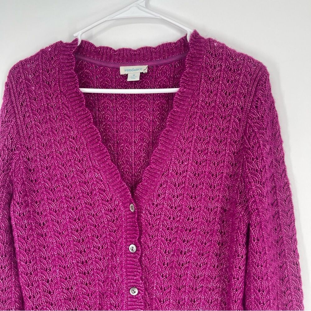 Sundance Leanna Pointelle Scalloped Fuchsia Cardigan - Picture 3 of 9